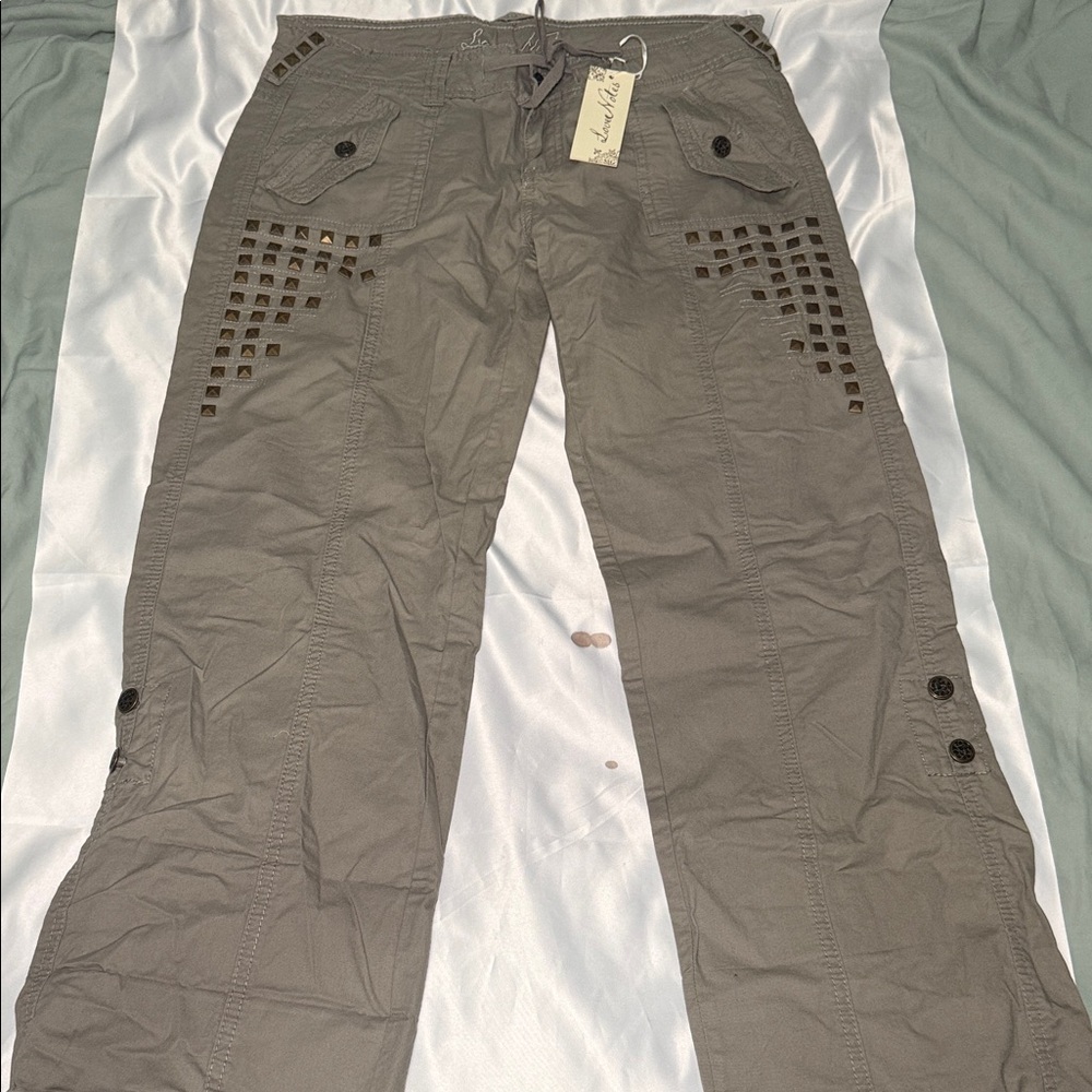 Love Notes Olive Green Cargo Pants with Stud Accents